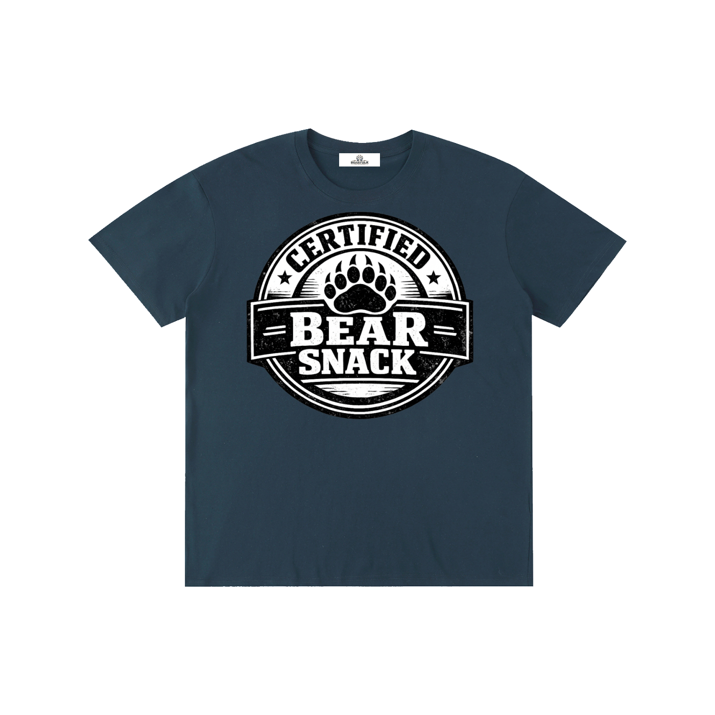 Navy blue t-shirt with 'Certified Bear Snack' graphic on a white background
