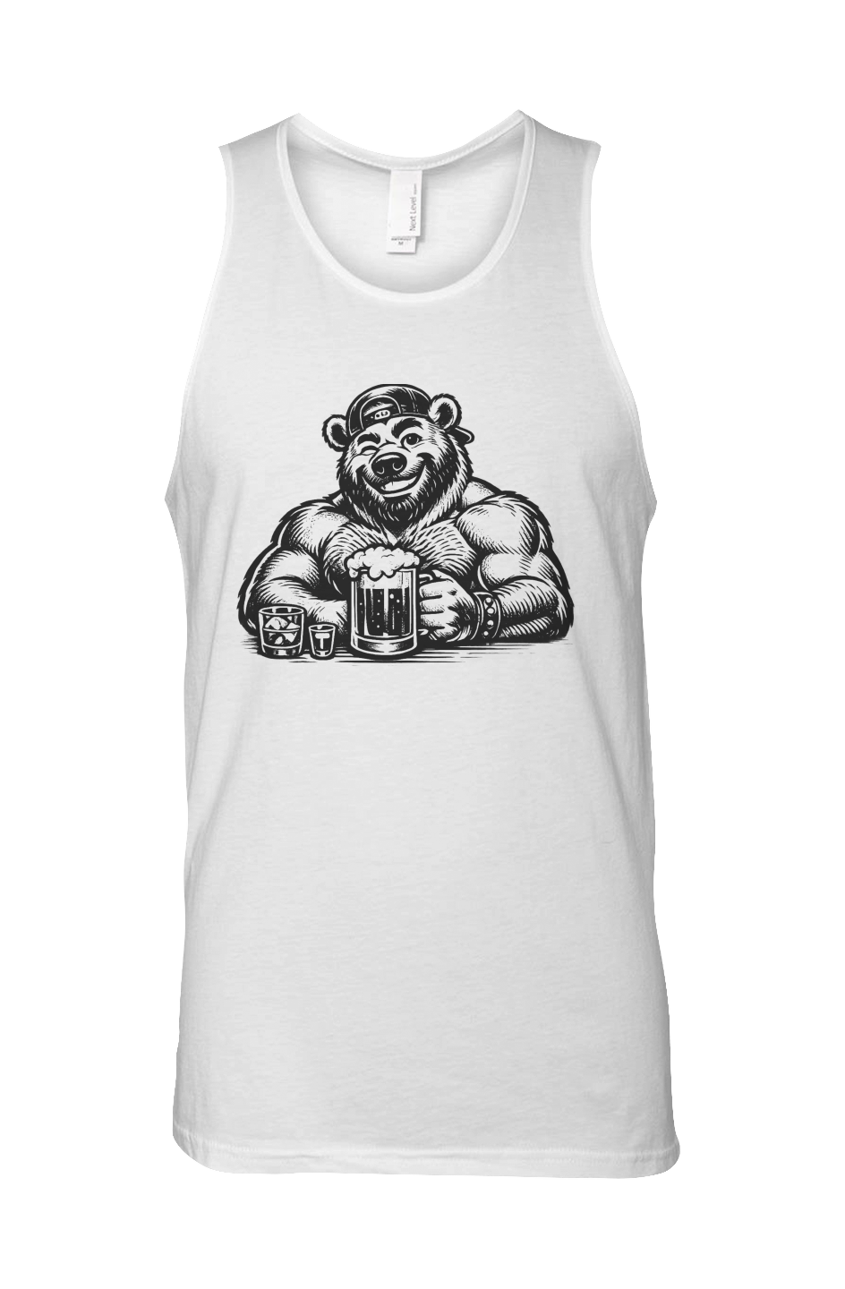 Muscle Bear and Brews tank top featuring smiling bear holding a beer mug inspired by happy hour and bear bar culture